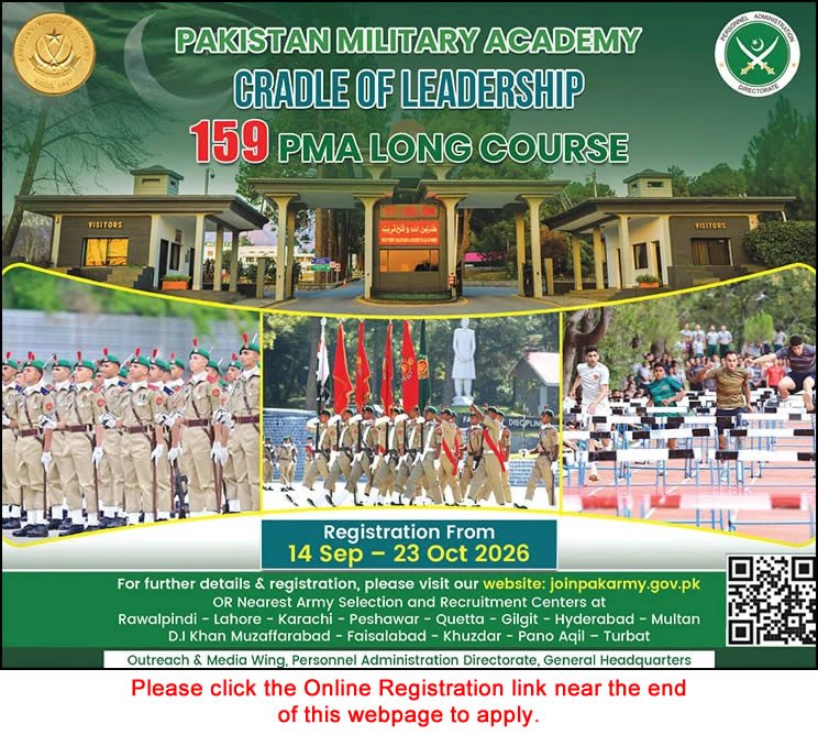 Pakistan Army as Commissioned Officer September 2026 through 159 PMA Long Course Online Registration Latest